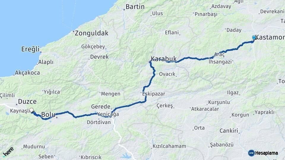 Kastamonu Kaynaşlı Düzce Arası Kaç Km - Yol Haritası