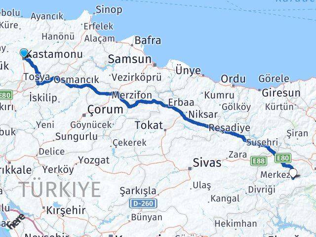 Kastamonu Kemah Erzincan Arası Kaç Km - Yol Haritası