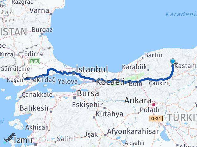 Kastamonu Keşan Edirne Arası Kaç Km - Yol Haritası