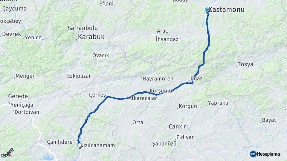 Kastamonu Kızılcahamam Ankara Arası Kaç Km - Yol Haritası