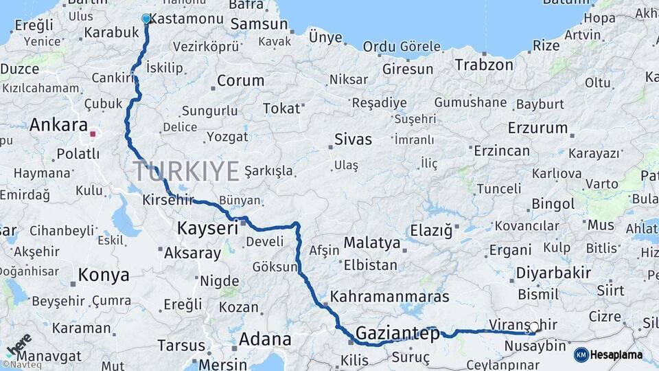 Kastamonu Kızıltepe Mardin Arası Kaç Km - Yol Haritası