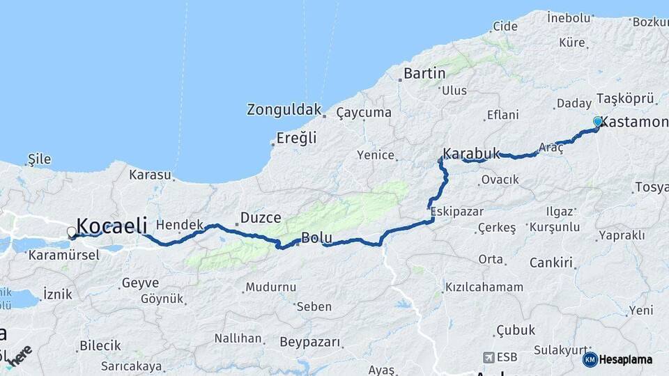 Kastamonu Kocaeli Arası Kaç Km - Yol Haritası
