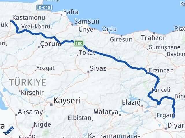 Kastamonu Kocaköy Diyarbakır Arası Kaç Km - Yol Haritası