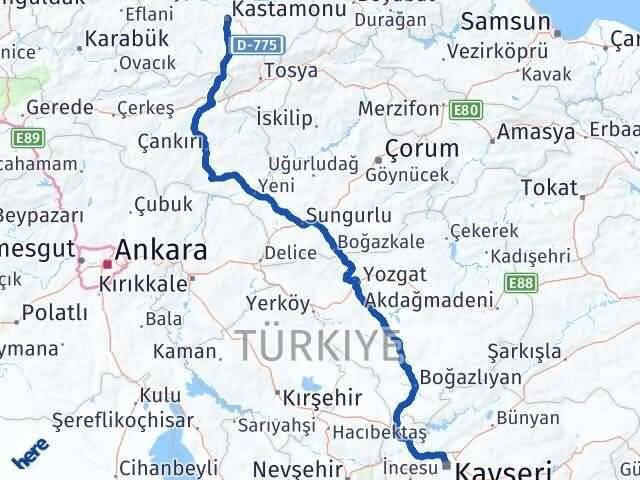 Kastamonu Kocasinan Kayseri Arası Kaç Km - Yol Haritası