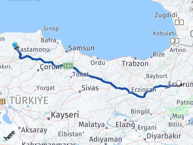 Kastamonu Köprüköy Erzurum Arası Kaç Km - Yol Haritası