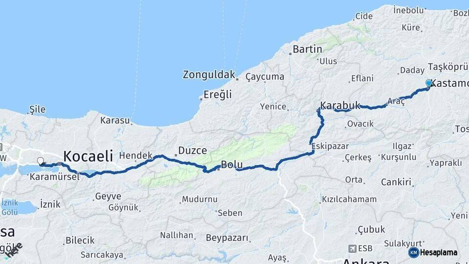 Kastamonu Körfez Kocaeli Arası Kaç Km - Yol Haritası