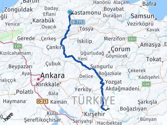 Kastamonu Kozaklı Nevşehir Arası Kaç Km - Yol Haritası