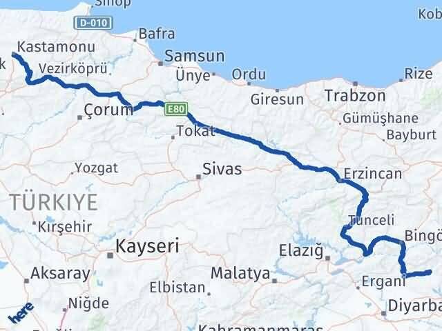 Kastamonu Kulp Diyarbakır Arası Kaç Km - Yol Haritası