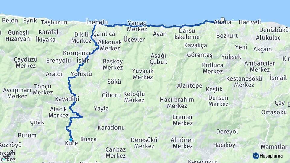 Kastamonu Küre Abana Arası Kaç Km - Yol Haritası
