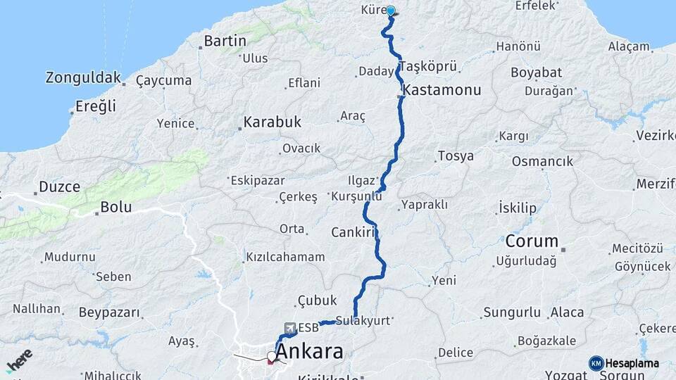 Kastamonu Küre Ankara Arası Kaç Km - Yol Haritası