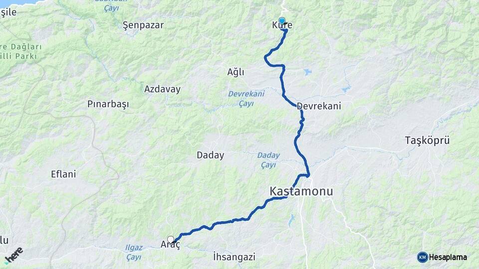 Kastamonu Küre Araç Arası Kaç Km - Yol Haritası