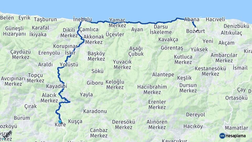 Kastamonu Küre Bozkurt Arası Kaç Km - Yol Haritası