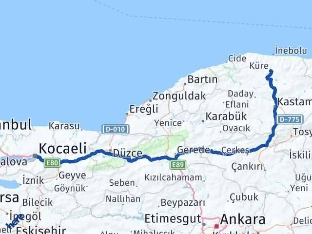 Kastamonu Küre Kocaeli Arası Kaç Km - Yol Haritası