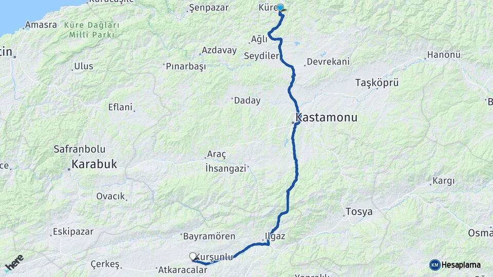 Kastamonu Küre Kurşunlu Çankırı Arası Kaç Km - Yol Haritası
