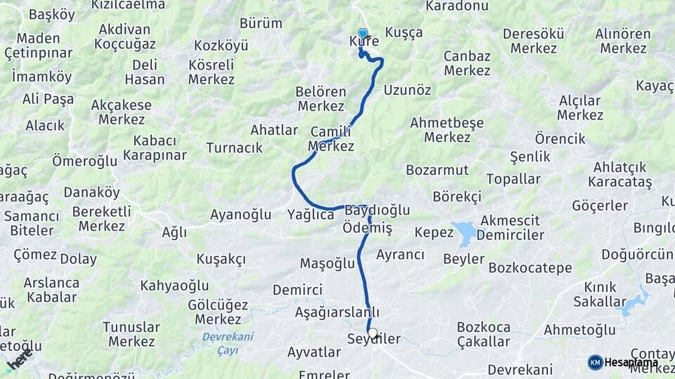 Kastamonu Küre Seydiler Arası Kaç Km - Yol Haritası