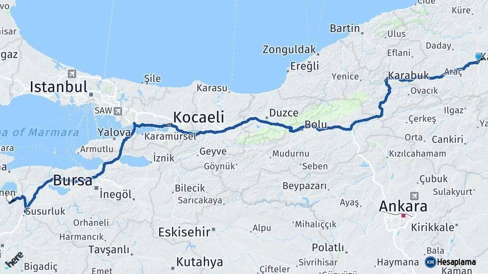 Kastamonu Manyas Balıkesir Arası Kaç Km - Yol Haritası