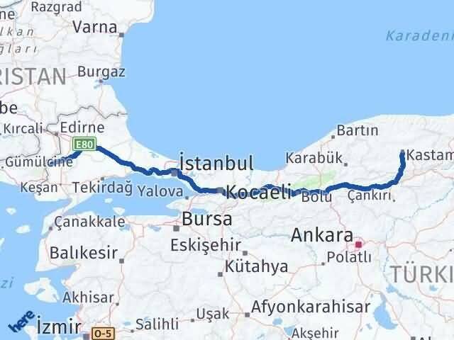 Kastamonu Meriç Edirne Arası Kaç Km - Yol Haritası