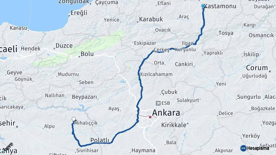 Kastamonu Mihalıççık Eskişehir Arası Kaç Km - Yol Haritası