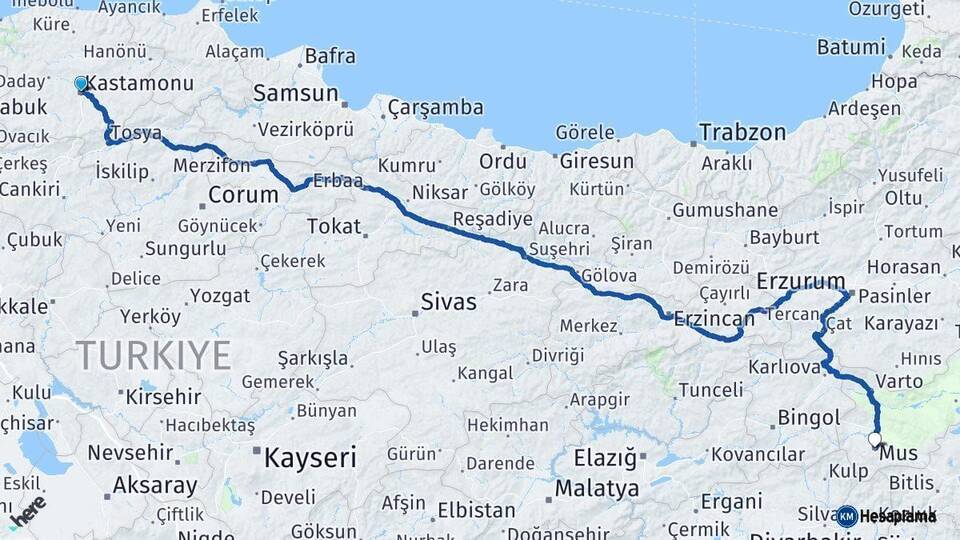 Kastamonu Muş Arası Kaç Km - Yol Haritası