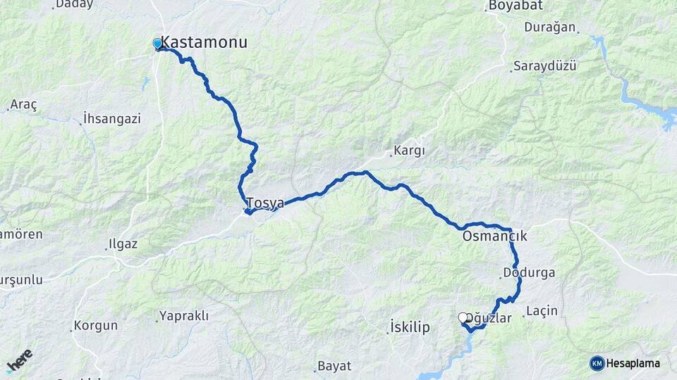 Kastamonu Oğuzlar Çorum Arası Kaç Km - Yol Haritası