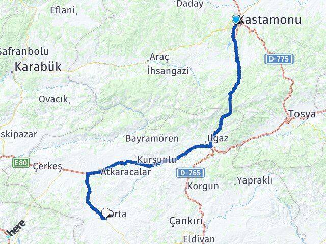 Kastamonu Orta Çankırı Arası Kaç Km - Yol Haritası