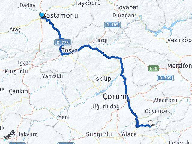 Kastamonu Ortaköy Çorum Arası Kaç Km - Yol Haritası