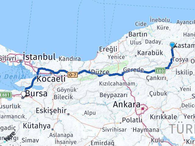 Kastamonu Osmangazi Bursa Arası Kaç Km - Yol Haritası
