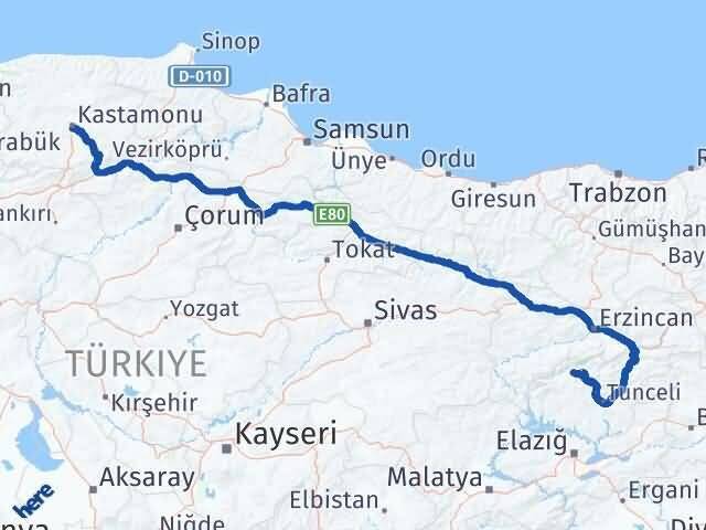 Kastamonu Ovacık Tunceli Arası Kaç Km - Yol Haritası