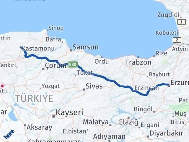 Kastamonu Palandöken Erzurum Arası Kaç Km - Yol Haritası