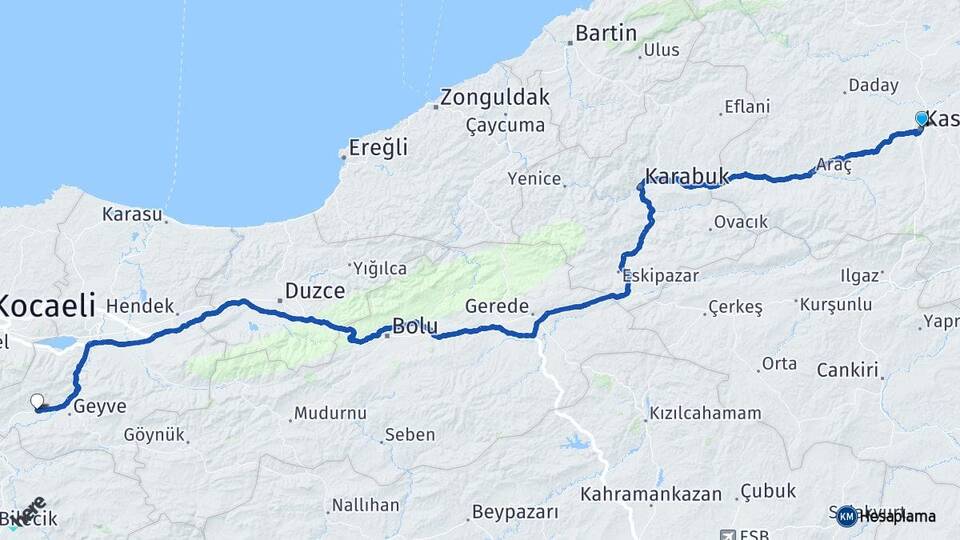 Kastamonu Pamukova Sakarya Arası Kaç Km - Yol Haritası
