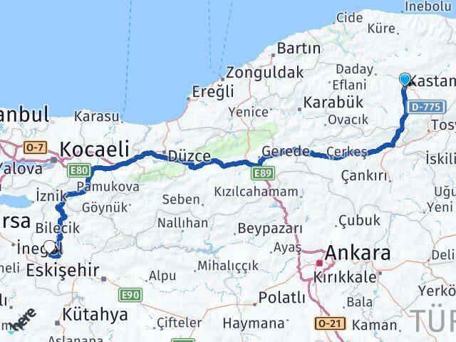 Kastamonu Pazaryeri Bilecik Arası Kaç Km - Yol Haritası