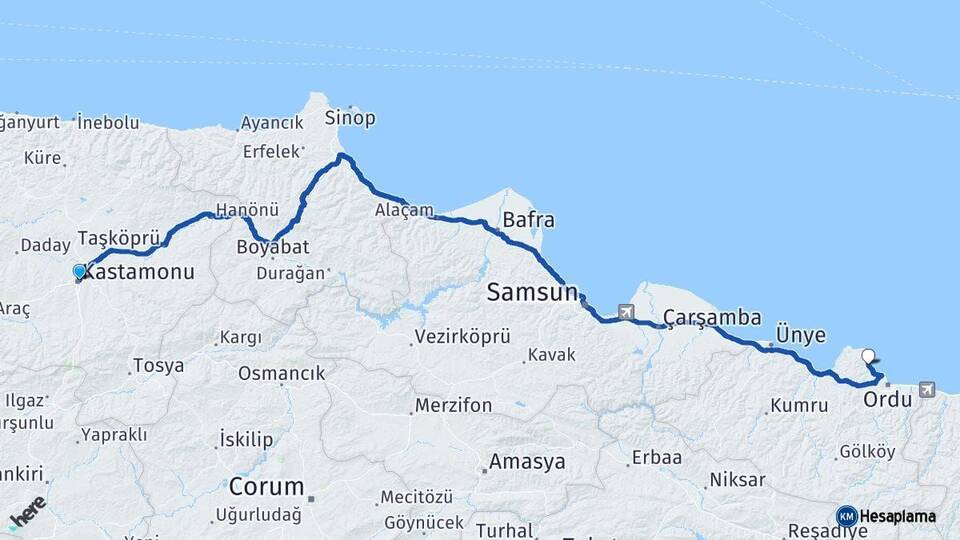 Kastamonu Perşembe Ordu Arası Kaç Km - Yol Haritası