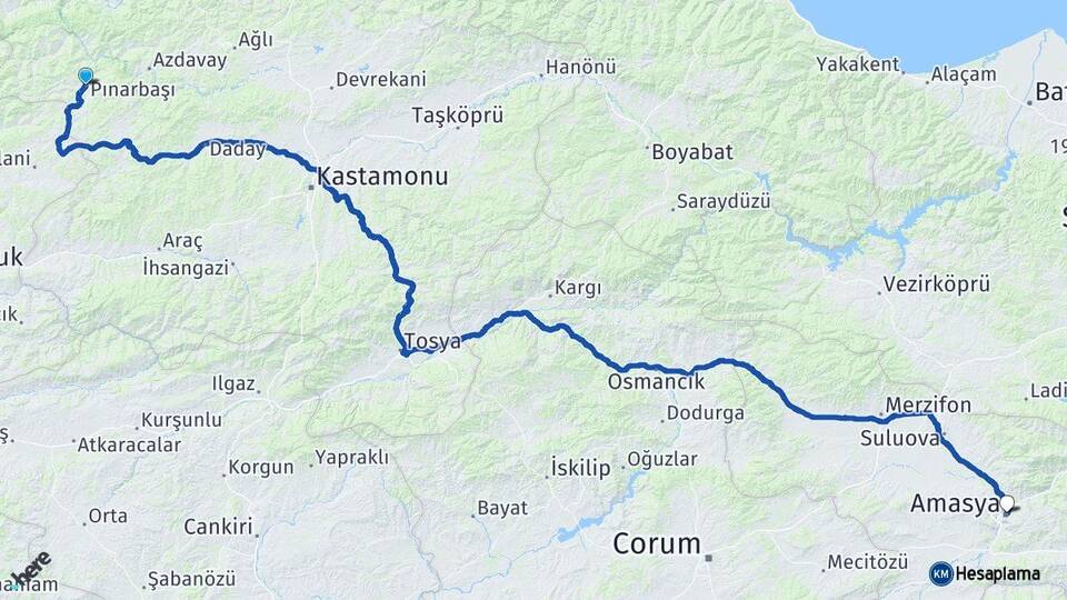 Kastamonu Pınarbaşı Amasya Arası Kaç Km - Yol Haritası