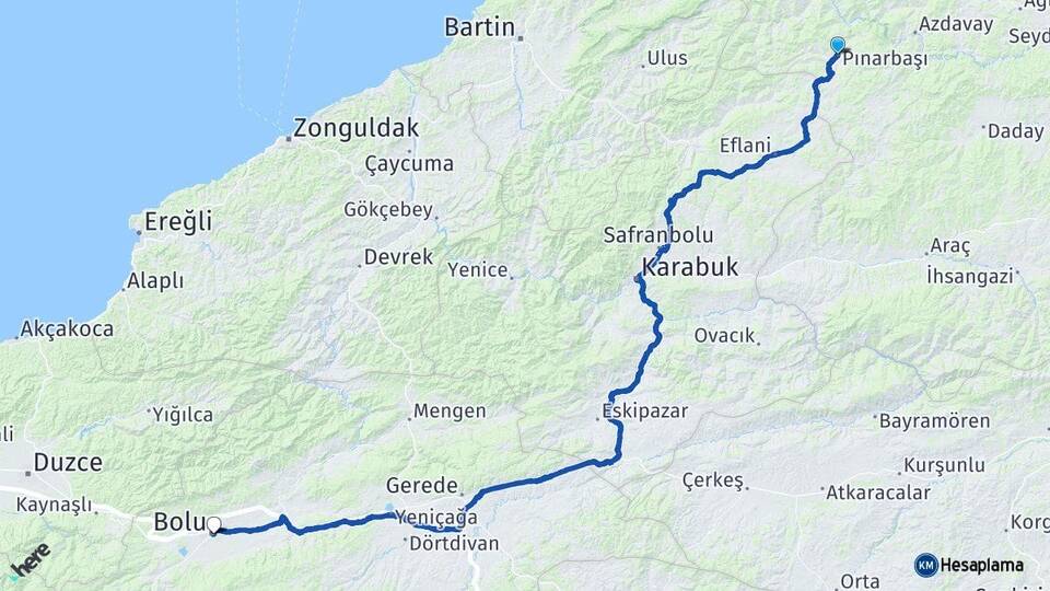 Kastamonu Pınarbaşı Bolu Arası Kaç Km - Yol Haritası