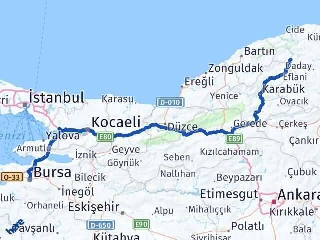 Kastamonu Pınarbaşı Bursa Arası Kaç Km - Yol Haritası