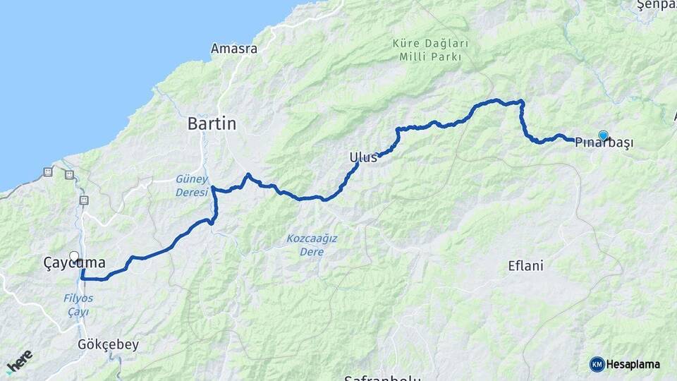 Kastamonu Pınarbaşı Çaycuma Zonguldak Arası Kaç Km - Yol Haritası