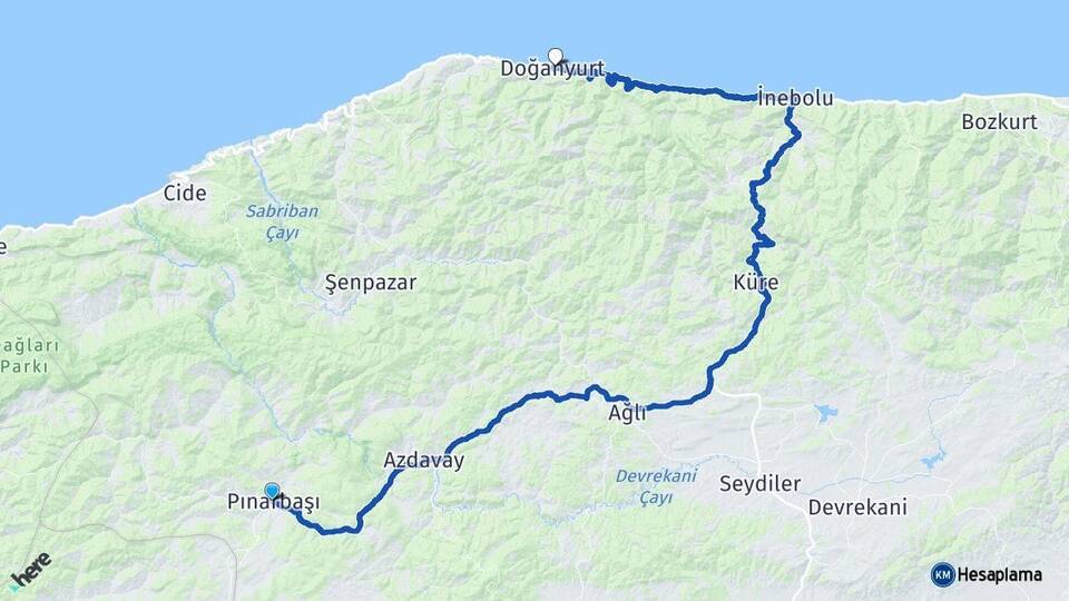Kastamonu Pınarbaşı Doğanyurt Arası Kaç Km - Yol Haritası