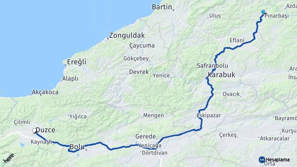 Kastamonu Pınarbaşı Düzce Arası Kaç Km - Yol Haritası