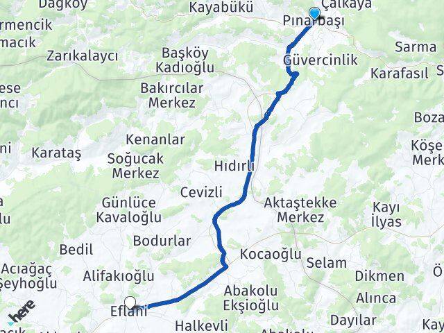 Kastamonu Pınarbaşı Eflani Karabük Arası Kaç Km - Yol Haritası