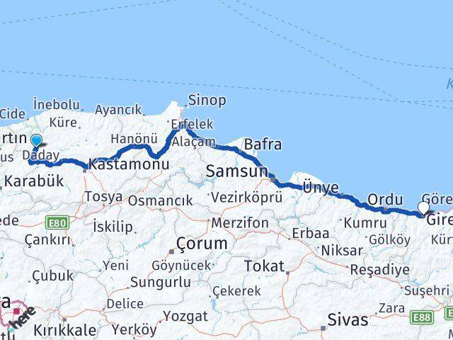 Kastamonu Pınarbaşı Giresun Arası Kaç Km - Yol Haritası