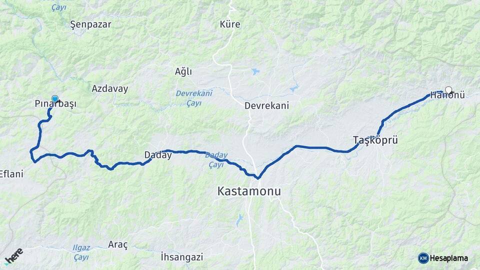 Kastamonu Pınarbaşı Hanönü Arası Kaç Km - Yol Haritası