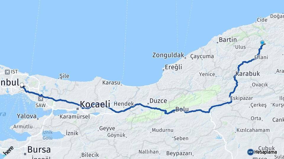 Kastamonu Pınarbaşı İstanbul Arası Kaç Km - Yol Haritası