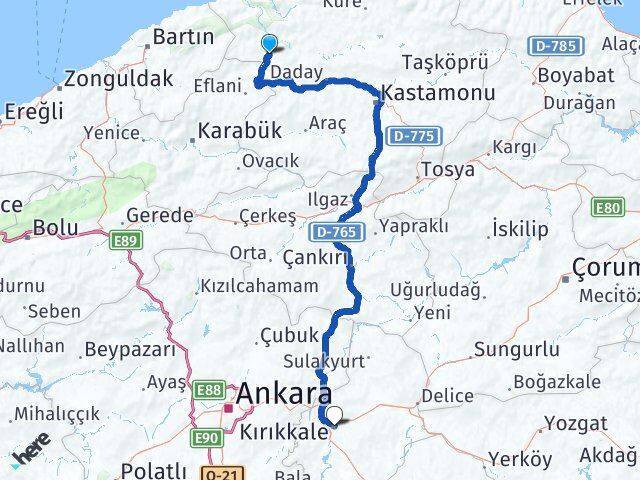 Kastamonu Pınarbaşı Kırıkkale Arası Kaç Km - Yol Haritası