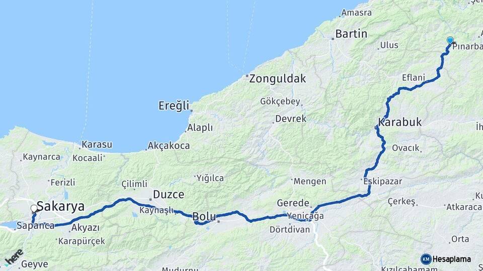 Kastamonu Pınarbaşı Sakarya Arası Kaç Km - Yol Haritası