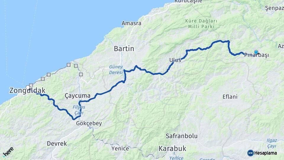 Kastamonu Pınarbaşı Zonguldak Arası Kaç Km - Yol Haritası
