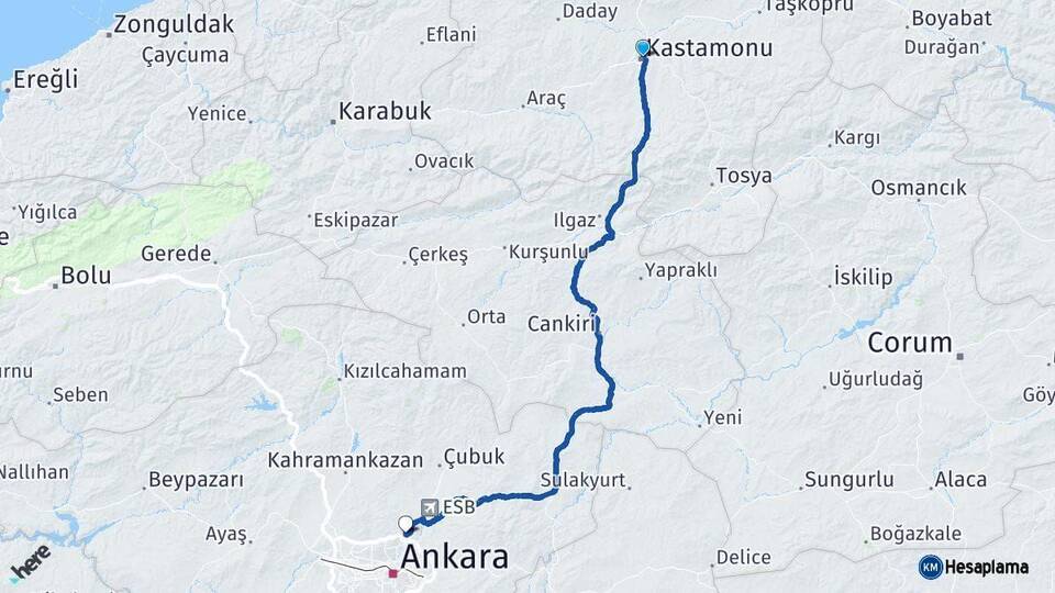 Kastamonu Pursaklar Ankara Arası Kaç Km - Yol Haritası