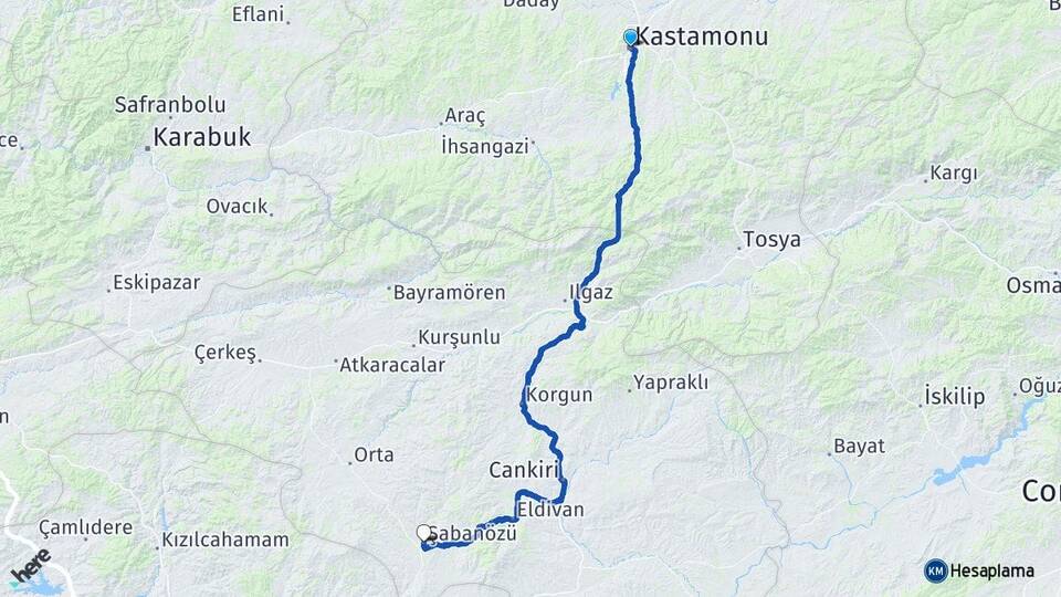 Kastamonu Şabanözü Çankırı Arası Kaç Km - Yol Haritası