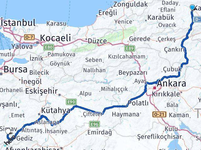 Kastamonu Şaphane Kütahya Arası Kaç Km - Yol Haritası