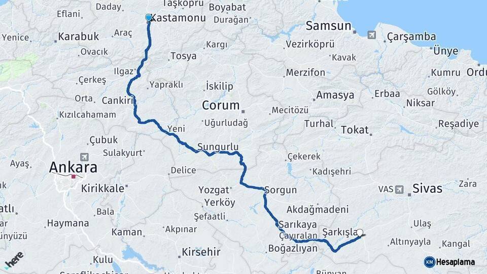 Kastamonu Şarkışla Sivas Arası Kaç Km - Yol Haritası