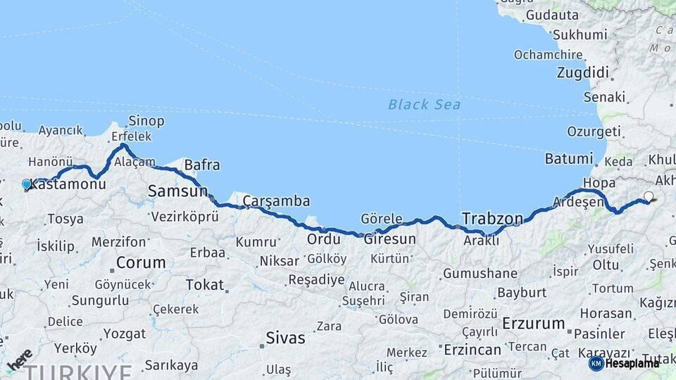 Kastamonu Şavşat Artvin Arası Kaç Km - Yol Haritası